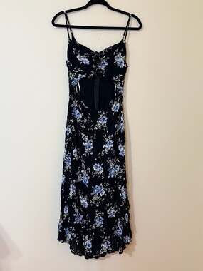 Lulus Black and Blue Floral Print Cami Midi Dress with Front Cutout